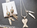Sterling Jewelry: Native American Bear Paw Wire loop Earrings with Drop silver Feathers, Pendants
