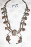 Authentic Native American: Squash Blossom Necklace with Turquoise & Coral, Fine Leaf Work Designed