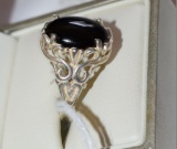 Ladies Antique Style Setting Sterling Ring with Oval Center stone deep black Onyx or Jet