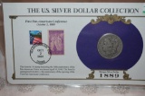 US Morgan Silver Dollar 1889 with Historic Pan American 3 Cent Stamps