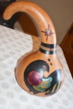 Native American Handcrafted Gourd: Quail Under the Morning Star, 16 inches Sgn.Ferrell 2001; Idaho