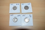 Grouping of Type Coins Silver: 1903 V Nickel, 1914 Barber Dime; 1917 & 1939 Mercury Dimes