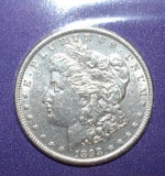 1898 US Morgan Silver Dollar Sealed in Plastic with Collector 3 cent Historical Stamps