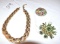 Signed Costume Jewelry: Monet Gold link Necklace, Weiss Multi Color Pin & Judy Lee Green Pin