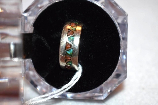 Vintage Native American Hopi Inlaid Band Ring with turquoise and coral