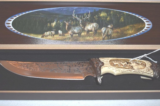 Cased Fantasy Bowie Knife with Elk Etched Blade and Carved into Handle