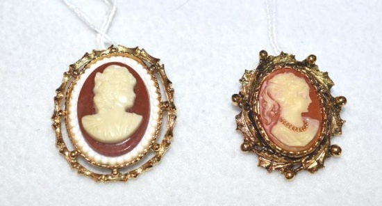 Two Vintage Cameo Pin/Pendants with gold tone frames