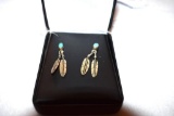 Pair of Sterling Feather Drop Earrings with Turquoise, Pierced earrings