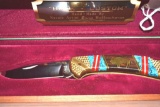 Custom Buck Knife 110 by David Yellowhorse Inset Turquoise, Coral and MOP, Brass Inset Buffalo