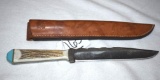 Custom ANZA File Blade Knife, Fixed Blade, Full Tang, Elk horn Handle, Turquoise Cap