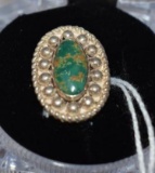 Costume Jewelry Ring, oval center Green Turquoise, Faux Pearls