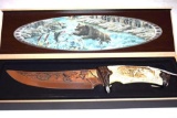 Fantasy Bowie Knife, Blade Etched with Bear Scene and cutout Bears in handle