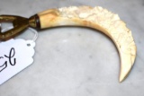 Vintage Collectible Can Opener of Wart Hog Tusk Carved elephants on 6 in Tusk Handle, Well made