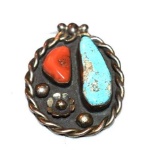 Old Pawn Silver Pendant with Rope edge design, Turquoise and coral