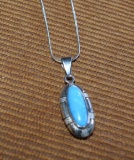 Native American Silver and Turquoise Pendant, Sterling 22 in. Chain