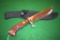 Bowie Hunting Knife with finger grooves in handle , Satin Blade, Left side of blade, Grooved,