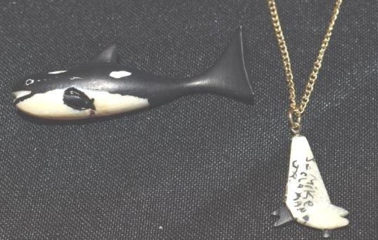 Eskimo Carved Marine Ivory Figures to include Orca Whale and Pendant, Pendant with signature