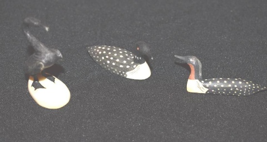Eskimo Carved Birds, Loons (One Mini Decoy & Loon Pin and Standing Crane