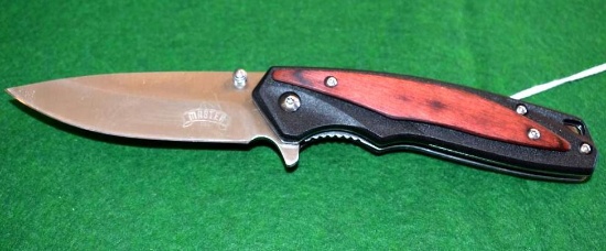 Stainless Folding Liner Lock "Master" Knife, Wood Inset on Handle, Pocket Clip, Lanyard Hole (New)