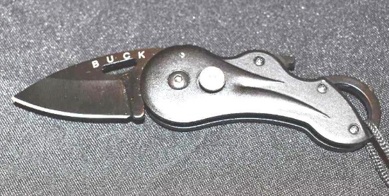 New Buck Folding pocket knife, BUCK on Blackened Blade with Lanyard link attached