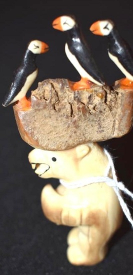 Native Carved Ivory Bear with 3 Puffins on head, Marine Ivory by Native R.B. Kokuluk 4 in.