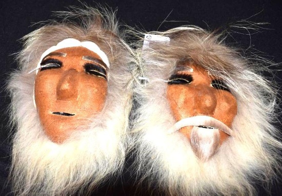 Pair of Handmade Eskimo masks of Leather and fur trims Man and Woman 12" T x 7 " W