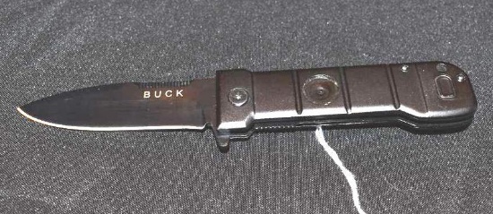 Folding Buck Knife with Pocket Clip BUCK marked on Blade Titanium Look