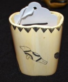 Scrimshaw Carvings on End of Walrus Tusk, Marine Ivory Jar, Artist Signed on Bottom 3 in tall
