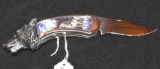 Franklin Mint Folding Pocket Knife with Wolf End Cap, Wolf Scene on Handles 8.5 in long