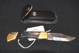 Folding Knife with Brass Bolsters and Leather Sheath, Blade unmarked