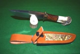 Custom Hunting Knife with Crown Stag End Cap of Handle, Satin Stainless Blade, Brass Finger Guard