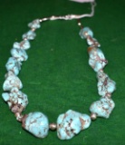 Beautiful Large Turquoise Nugget Necklace of Kingman Turquoise with silver Beads , Authentic Native