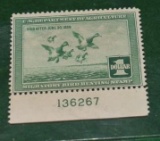 RW4 1937-38 Single Migratory Bird Hunting Stamp, $1 issue, bottom edge of plate block attached