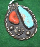Authentic Native American Made, Old Pawn Pendant:with Turquoise and Coral Stones, Sgn KJ