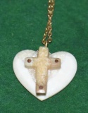 Eskimo Carved Marine Ivory Heart shaped Pendant with Cross on Front