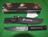 U S Marines Survival Knife, Fixed Blade, Top edge of blade with filework, End Cap unscrews and has