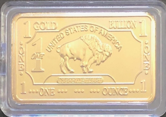 Gold Layered: 1 Bullion 100 Mills .999 Fine Gold 1 Troy Ounce" *As per bar*