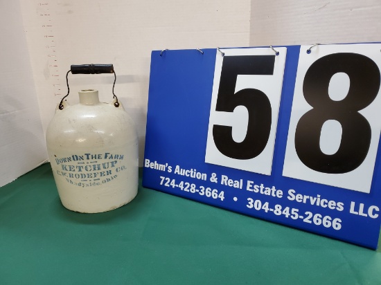 DOWN ON THE FARM KETCHUP JUG WITH HANDLE C.W. RODEFER & CO. SHADYSIDE, OHIO 9.75" H X 6.5" W