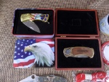 2 cased pocket knives, 1 knife with no case, and a cased pocket watch