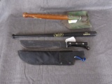 Machete, trench shovel, and mini bat.