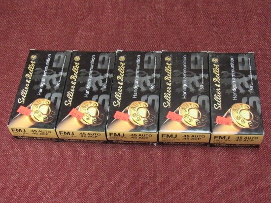 5 boxes of Sellier & Bellot 45 auto ammo