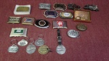 lot of 13 cast belt buckles and 6 key chains. train themes