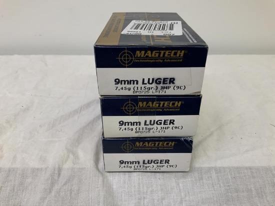 3 boxes of Magtech 9mm Luger 115gr, JHP, full bxs