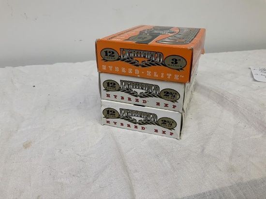 3 boxes of 12ga Ammo, 1- Lightfield 12ga 3" Hybred Elite Slugs,