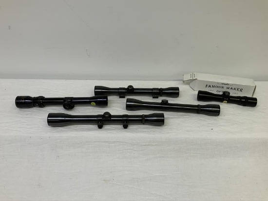 5 scopes - Famous Maker Optics 4x28 with box, Tasco 2-7x32,