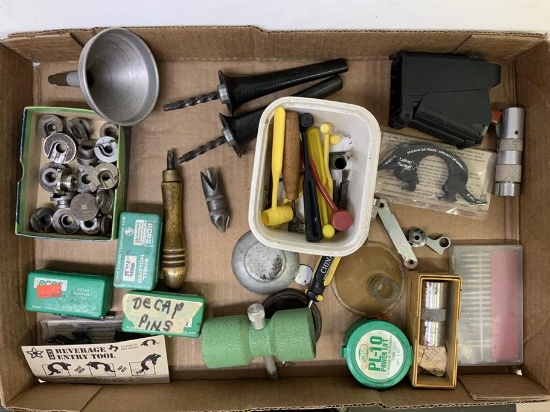 box lot of reloading items and a speedloader Uplula 9mm- 45,