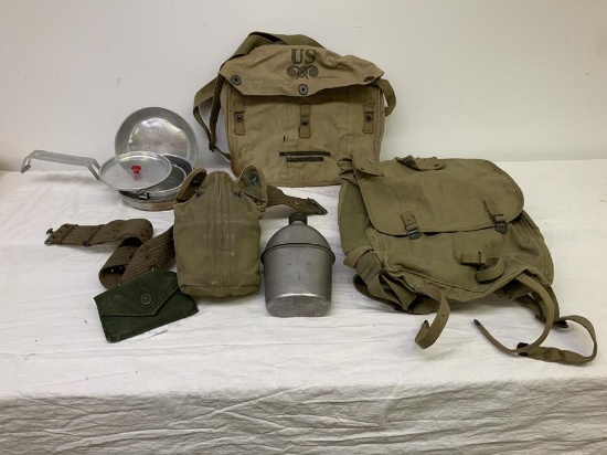 Military items - canteen with cover and belt, mess kit,