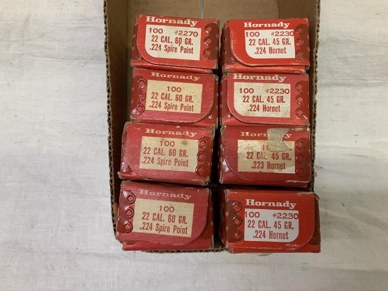 .22 cal bullet lot - 4 full boxes of 60 spire and 1 full box of 45gr hornet,