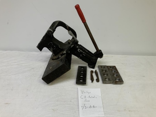 Vintage CH reloading press with 3 die bars, will ship without wood