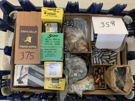 bullet lot - 30 lbs includes box and containers - .75, .358, .38